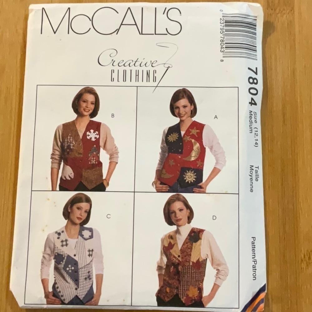 McCall’s Pattern 7804 Size 12,14 Medium Misses’ Lined Vest and Appliqués